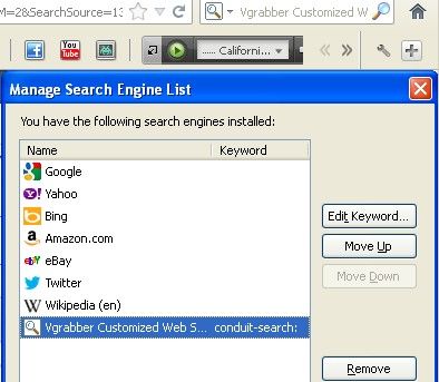 Run Firefox's Add-ons Manager, launch the provided Remove option for the following "Vgrabber 10.23.722".